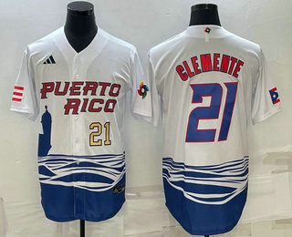 Men%27s Puerto Rico Baseball #21 Roberto Clemente Number 2023 White World Baseball Classic Stitched Jersey->2023 world baseball classic->MLB Jersey